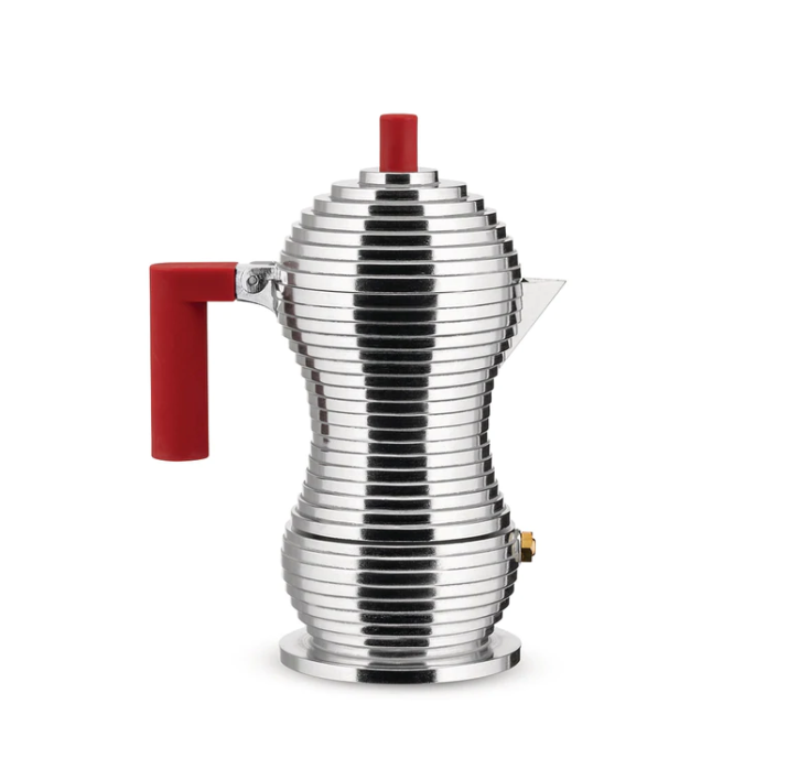 Alessi Pulcina 6-cup induction coffee maker in silver with red handle