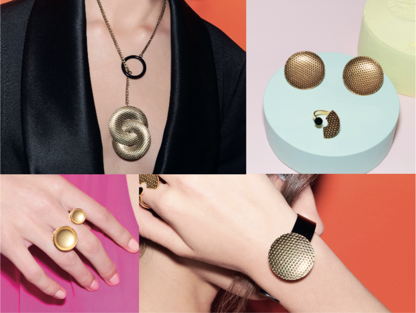 Sieraden uit de Acta-serie van Alessi in goud, collage van vier items