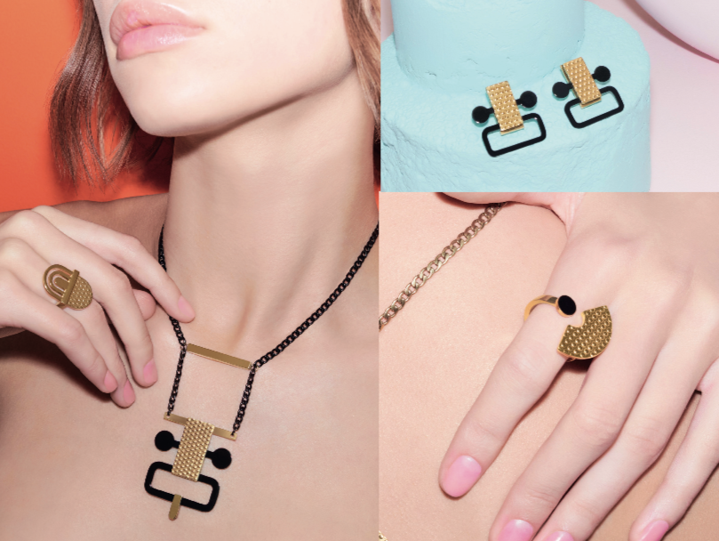 Collage van de Edone-collectie van Alessi: oorbellen, ketting en ring in goud en zwart