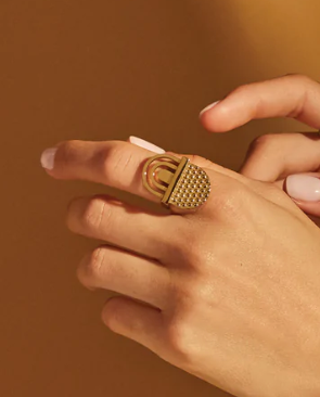 Alessi Fresia-ring in goud, band gedragen aan de vinger, close-up