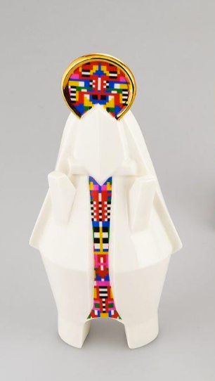 Alessi Maria-Holyhedrics, beeld uit de Kerstgroep van elena Salmistraro, wit met goud en gekleurd pixelmotief