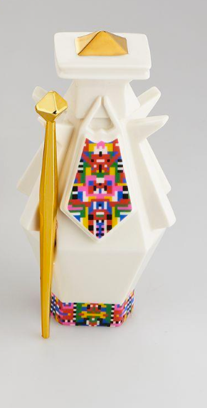 Alessi Jozef-Holyhedrics beeldje van Elena Salmistraro, wit met goud en kleurrijk pixelmotief