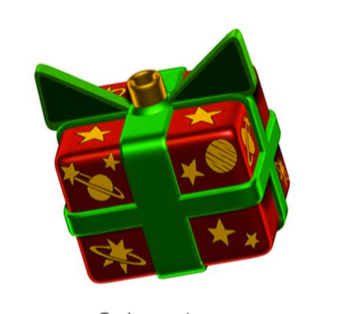 Cubosmico kerstkubus in glas, rood met groene strik en ster- en planeetprint
