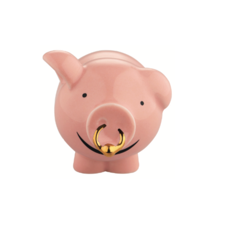 Alessi Porca lucky pig, figurine by Massimo Giacon, pink with gold ring in nose