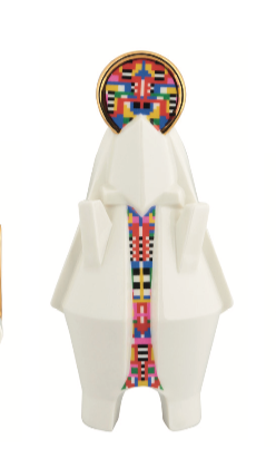 Maria-Holyhedrics, front view with detailed coloured pixel pattern on white background