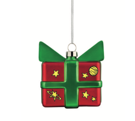 Cubosmico kerstkubus in rood glas met groene strik, hangend aan koord