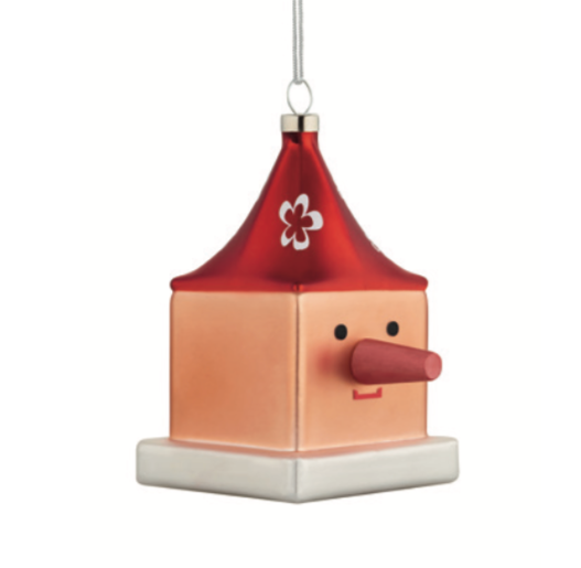 Cubocchio kerstkubus van Alessi, ontwerp Giacon en Jori, kerstbal van glas met sneeuwpopgezicht