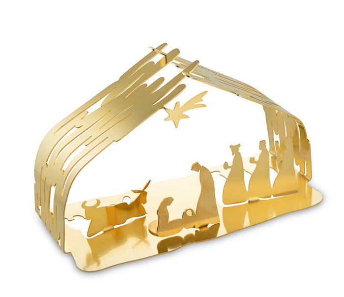 Alessi Bark kerststal verguld, gouden kerststal met kribbe, driekwartaanzicht