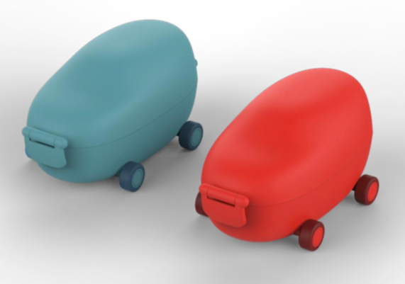 Alessi Food à Porter lunchbox op wieltjes, nieuwe serie, in rood en blauw naast elkaar