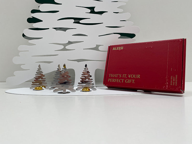 Alessi Mini Bark boompjes, gepolijst rvs met gouden magneten, met verpakking