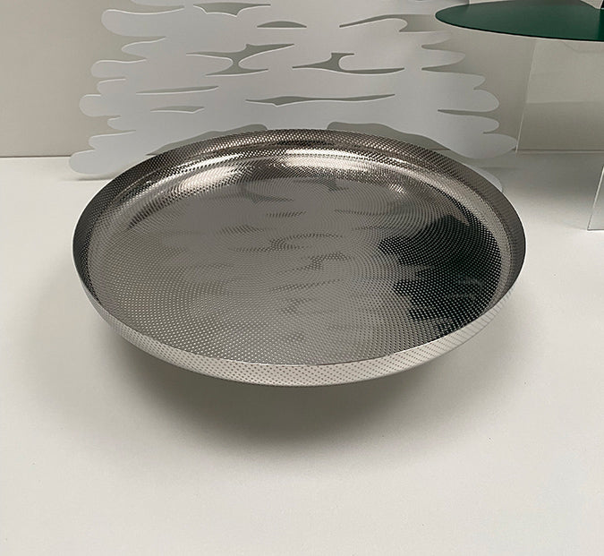 Alessi rond dienblad met reliëf, glanzend staal, ontwerp Morrison