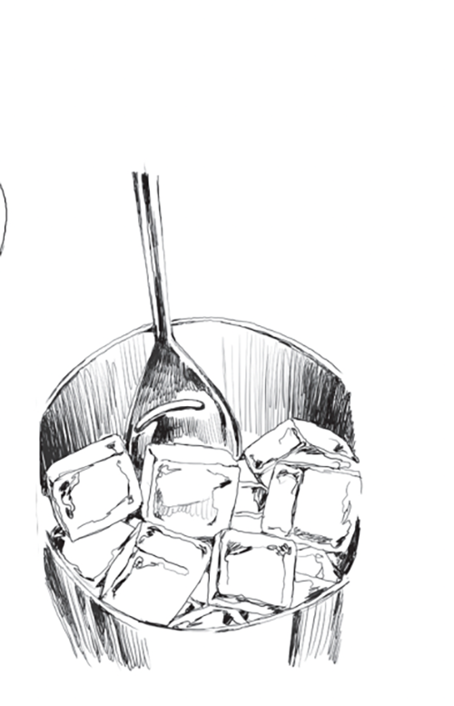 Instructietekening van de menglepel tussen ijsblokjes in een glas