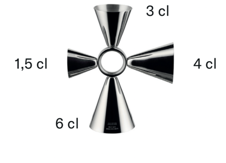 Infographic met de vier inhoudsmaten (1,5 cl, 3 cl, 4 cl, 6 cl) van de maatbeker, ontworpen door Giulio Iacchetti.