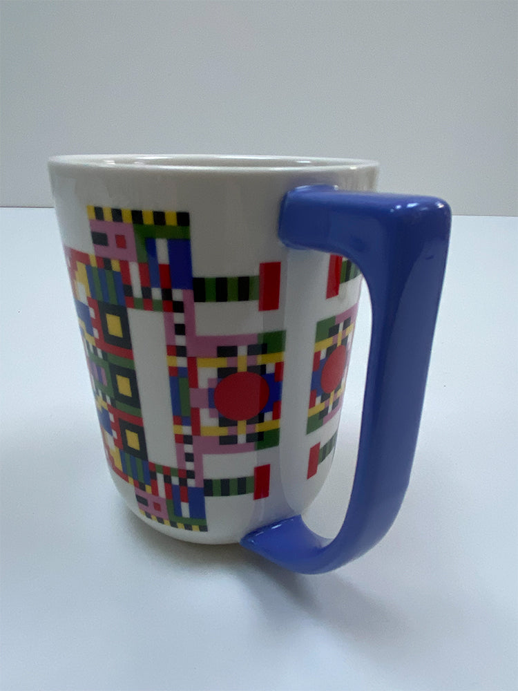 Side view of Holyhedrics mug with blue handle