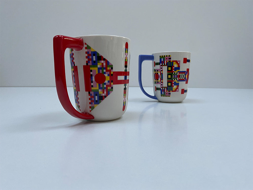 Mug Holyhedrics in two sizes, with red and blue handle