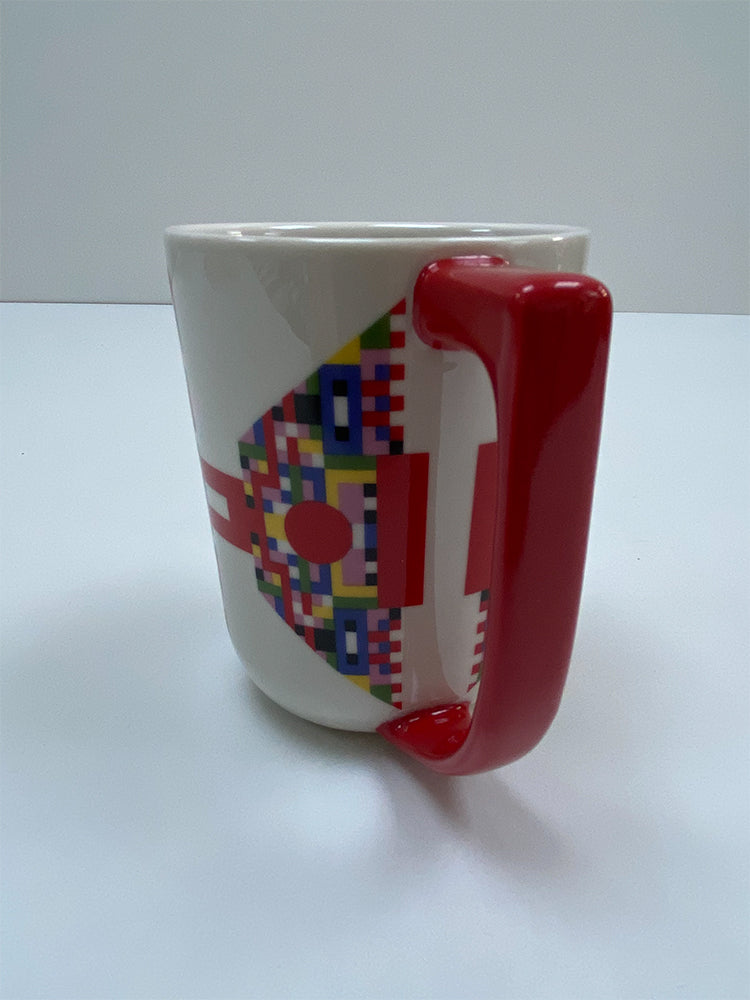 Mug Holyhedrics, side view with red handle and cross-shaped pixel motif