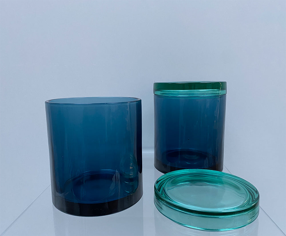 Glazen voorraadpot hoog en laag in blauw, met los deksel
