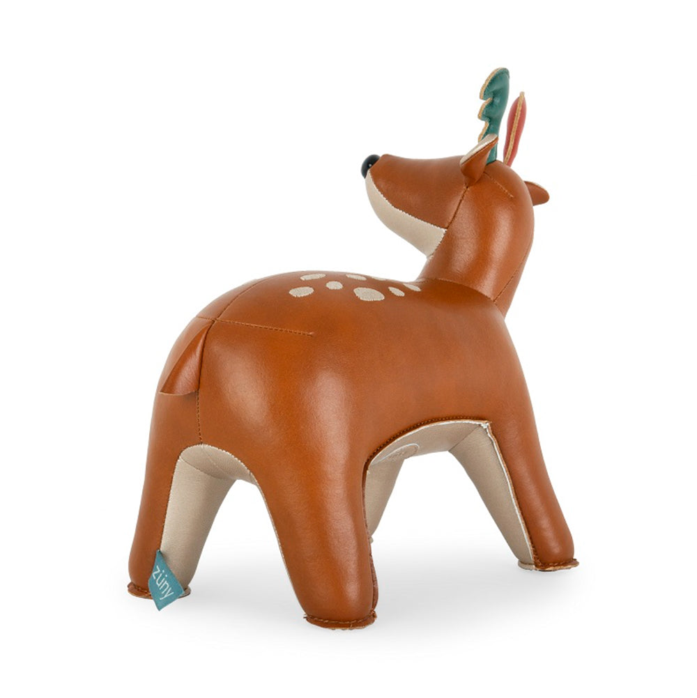 Achteraanzicht van Deer Luke boekensteun met zuny-label op de poot
