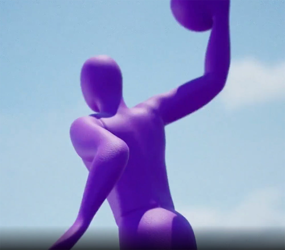 Detail van de paarse basketballer-figuur, los van de fluitketel