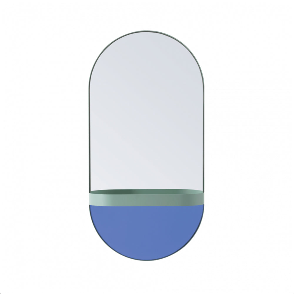 Remember spiegel uit de wandgarderobe-serie, mintgroen staal met blauw glas, vooraanzicht