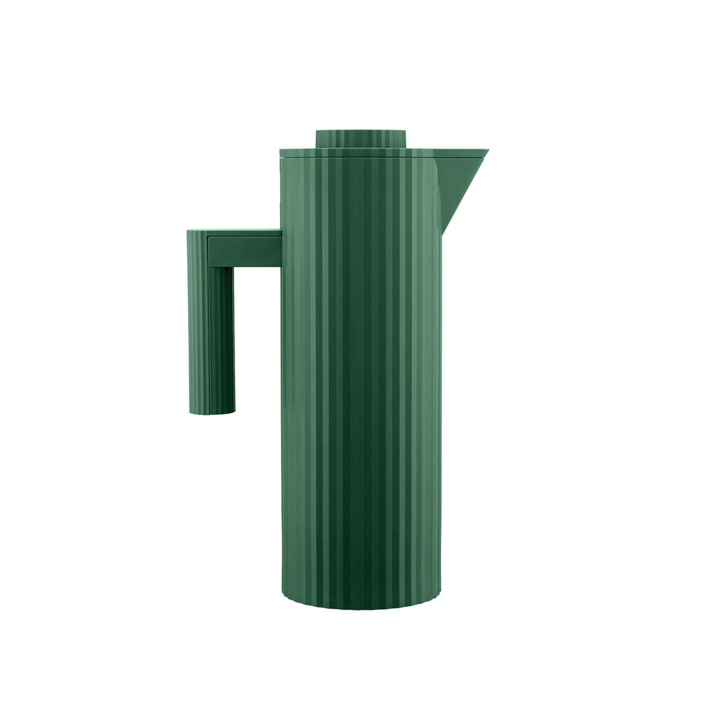 Plissé thermoskan van Alessi in groen, glazen binnenfles, ontwerp Michele De Lucchi