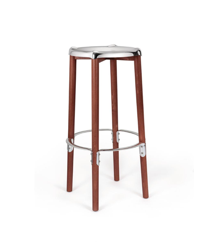 Alessi Poêle barkruk van Philippe Starck, stalen zitting op houten poten