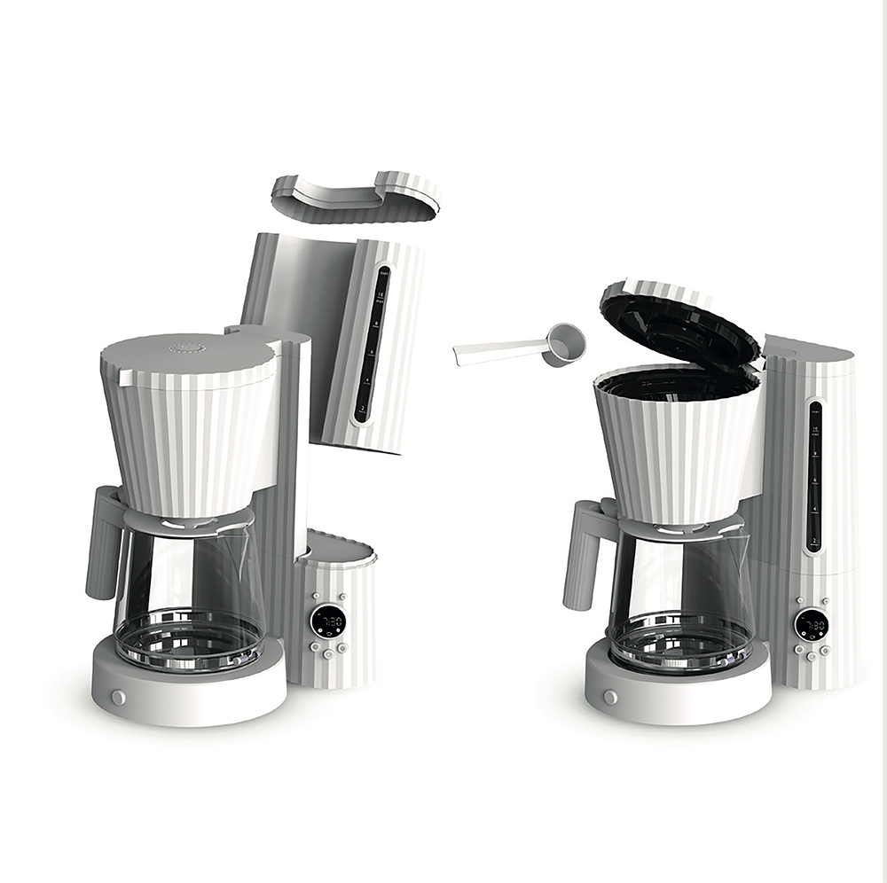 Two views of partially disassembled coffee maker, in white
