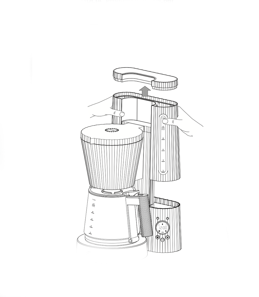Detail van handvat en glazen kan van het Alessi koffiezetapparaat