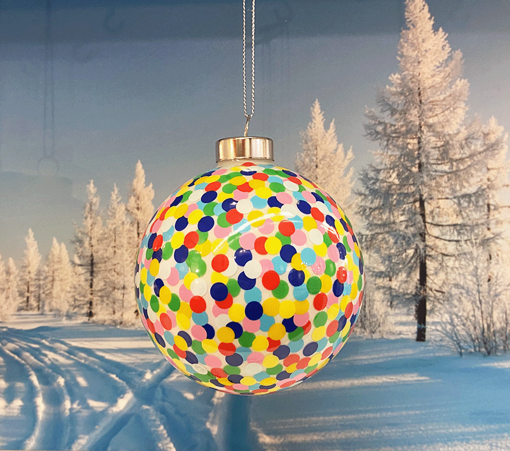 Glazen kerstbal met Proust-decoratie in stipjes, ontwerp Alessandro Mendini