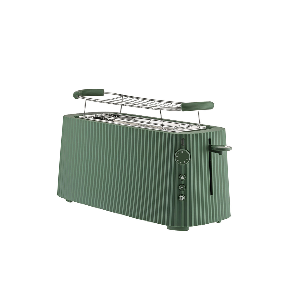 Alessi Toaster XL plissé, lang broodrooster in groen, met opwarmrek en bruinings-knop