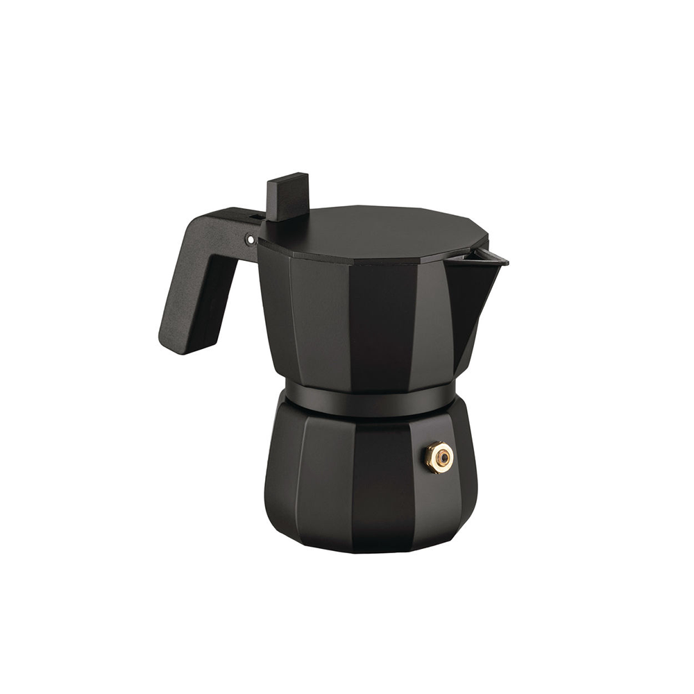 Alessi Moka espressomaker in zwart, achteraanzicht met gouden ventielknop