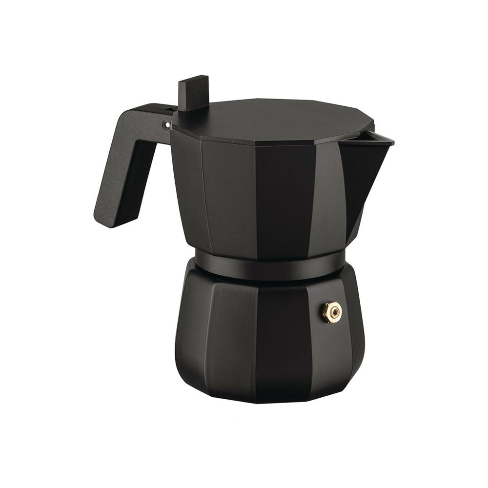 Alessi Moka espressomaker in zwart, ontwerp David Chipperfield, driekops