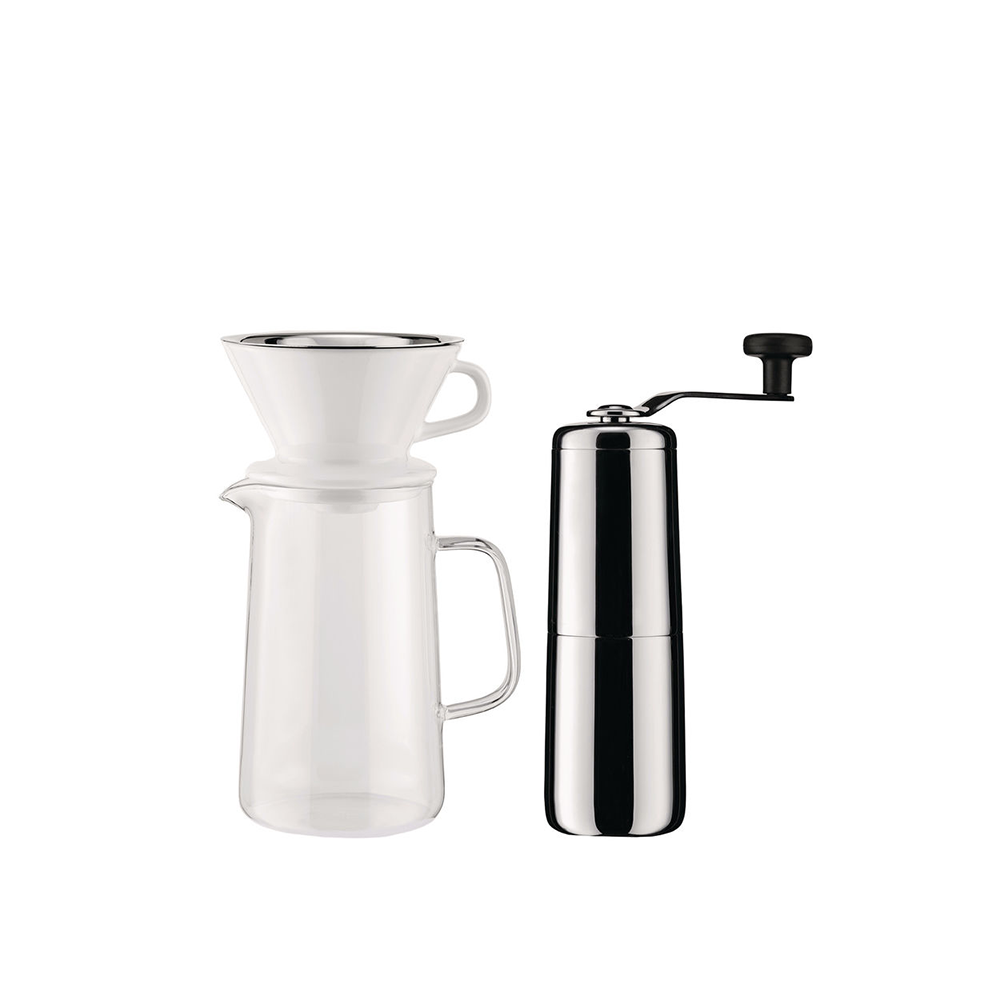 Alessi Filterkoffie Set met filterhouder, karaf en koffiemolen, ontwerp Keiji Takeuchi