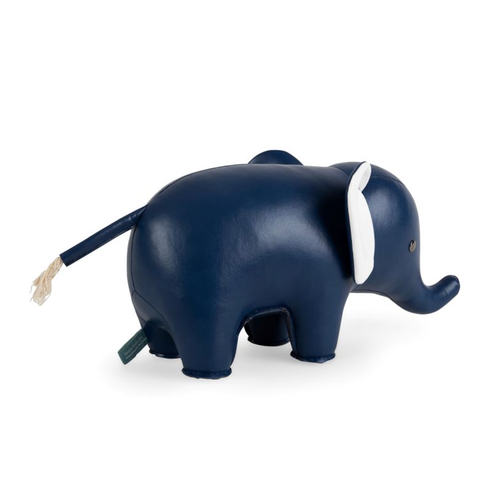 Zuny boekensteun in vorm van olifant, kunstleder in donkerblauw, zijaanzicht