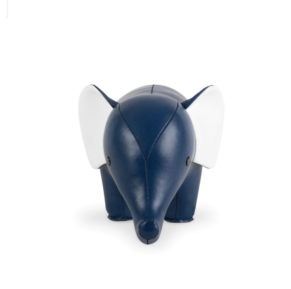 Zuny boekensteun als olifant, kunstleder in donkerblauw, vooraanzicht