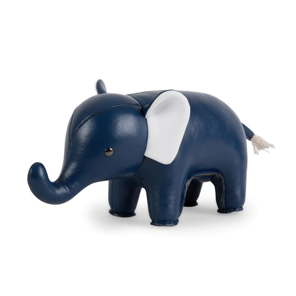 Zuny boekensteun als olifant, kunstleder in donkerblauw, schuin vooraanzicht
