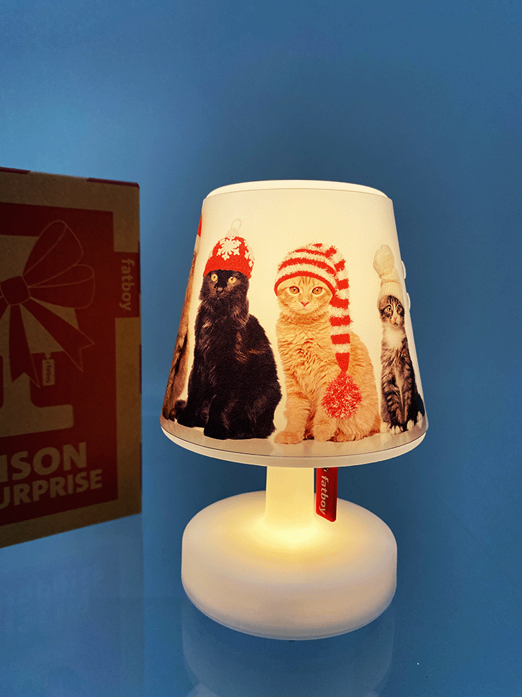 Fatboy Edison la Surprise met kerst-cappie in kattenprint, brandend