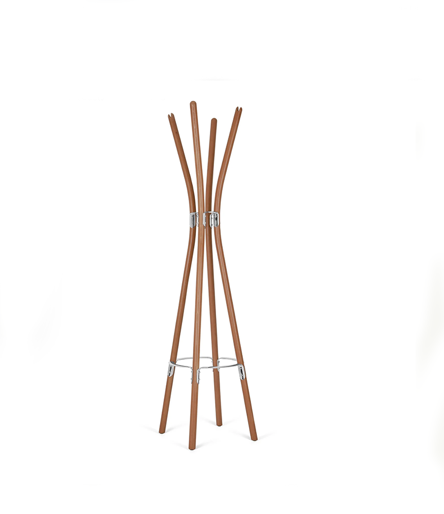 Kapstok Alessi Poêle, ontwerp Philip Starck, donker hout met verchroomd stalen ring, vooraanzicht.