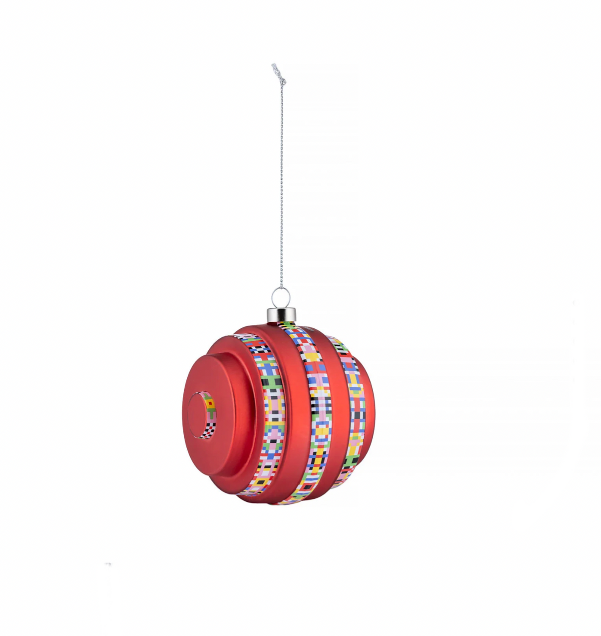 Alessi Holyhedrics nieuwe kerstbal van Elena Salmistraro, rood met kleurrijk mozaïekpatroon