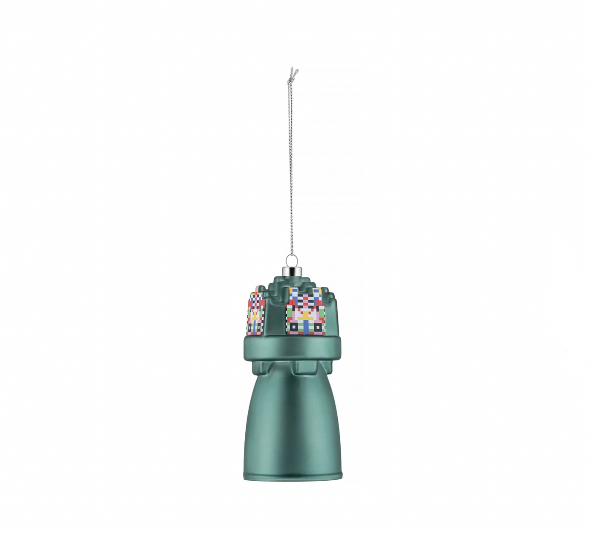 Alessi Holyhedrics kerstbal in klokvorm, groen met kleurrijk mozaïekpatroon, ontwerp Elena Salmistraro