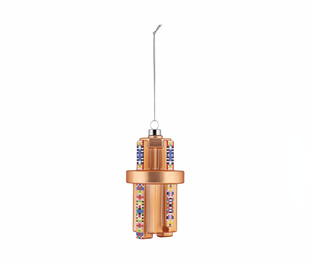 Alessi Holyhedrics kerstbal van Elena Salmistraro, veelvlakkig met kleurpatroon, aanzicht schuin
