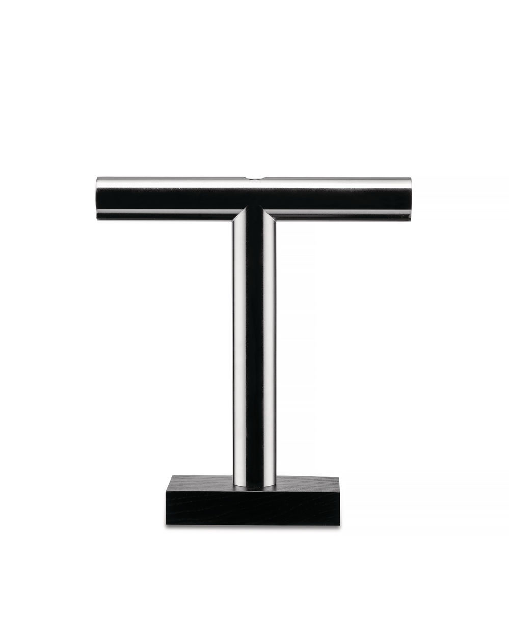 Alessi Tronchetto Nr.44 hoge vaas, T-vorm in staal op zwart voetstuk, zonder decoratie