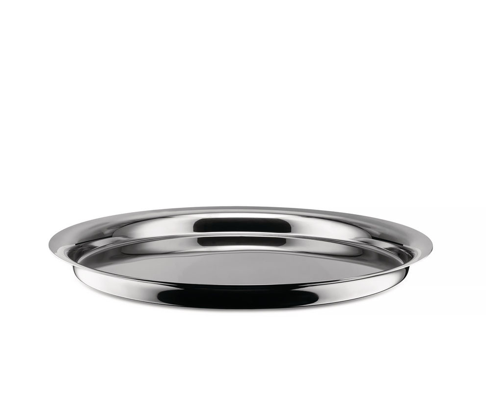 Kuru Kuru dienblad van Alessi, ontwerp Naoto Fukasawa, rond model in glanzend roestvrij staal