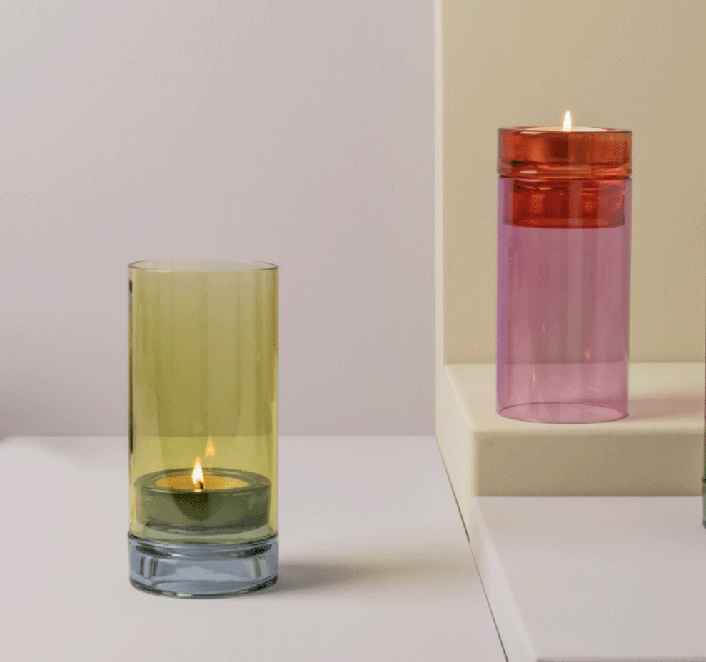 Remember Lys windlicht in lime en roze glas naast elkaar