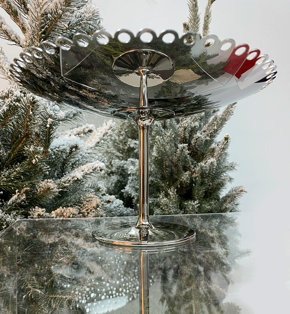 Alessi Edges cake stand, small, stainless steel, detail of perforated rim