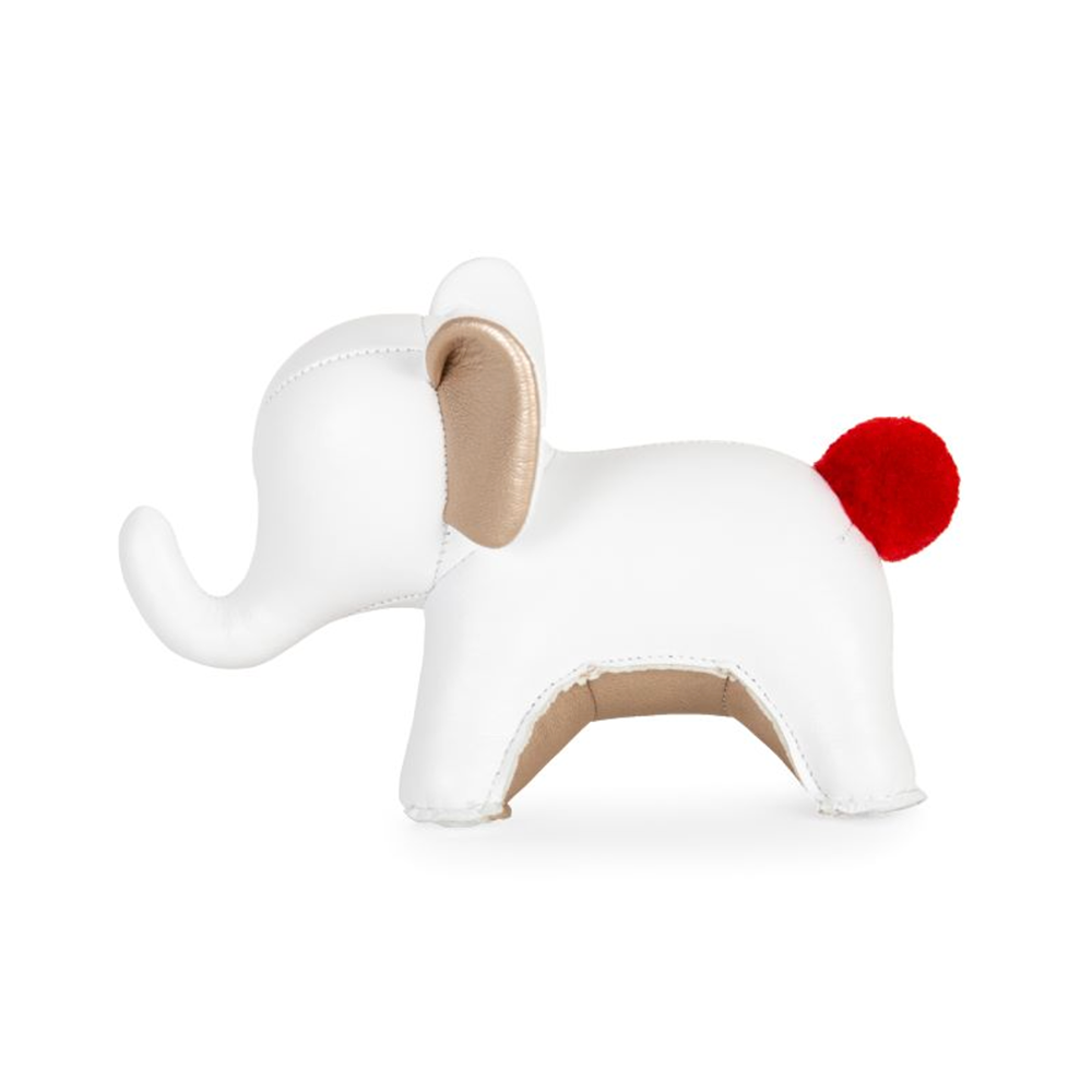 Zuny speciale kerst paperweight kleine olifant, wit met rode pompon, zijaanzicht