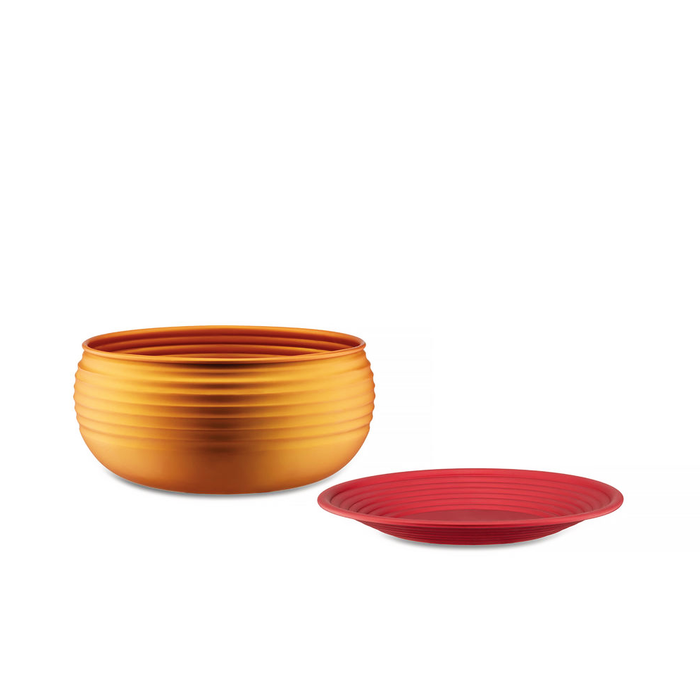 Alessi Ondine kom met deksel, oranje kom en rood deksel, serie Il Tornitore Matto