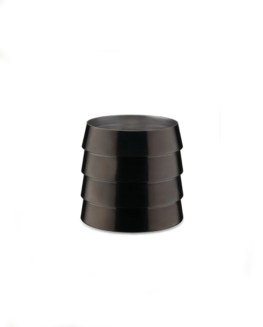 Alessi Dervisci Tumbler 22 metalen beker in gunmetal, met gedraaide ribbelstructuur, ontwerp Michele De Lucchi.