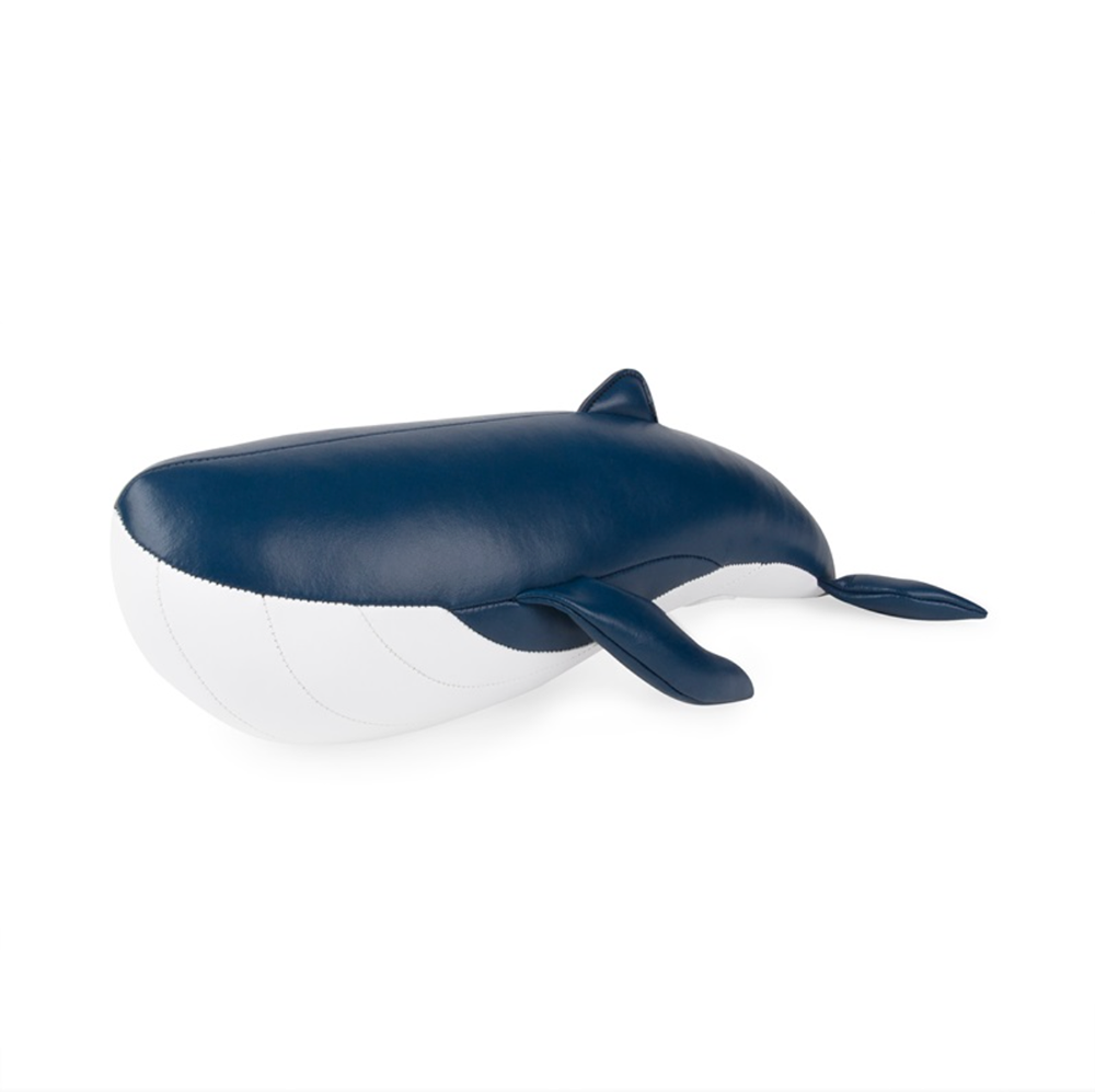 Zuny Whale Wave boekensteun, blauwe walvis van kunstleder, zijaanzicht