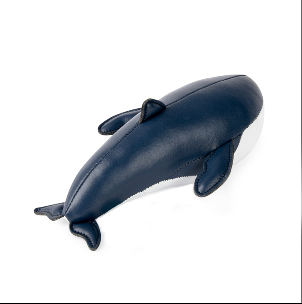 Zuny paperweight in walvisvorm, blauwe kunstleder, bovenaanzicht